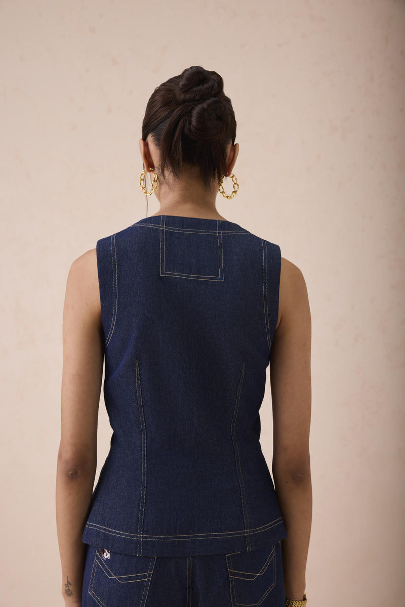 The Daydream Denim Waistcoat cotton by SUI in blue color for women Worldwide