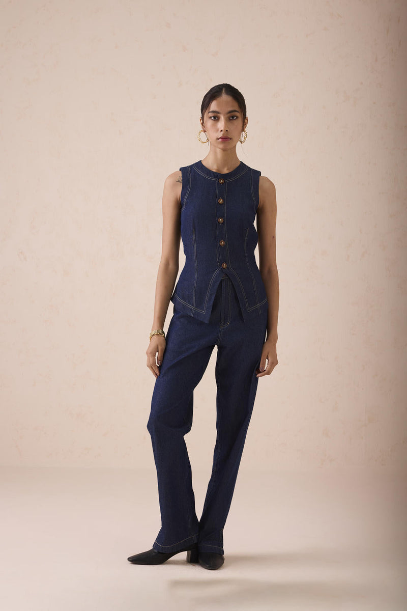 The Daydream Denim Waistcoat cotton by SUI in blue color for women Worldwide