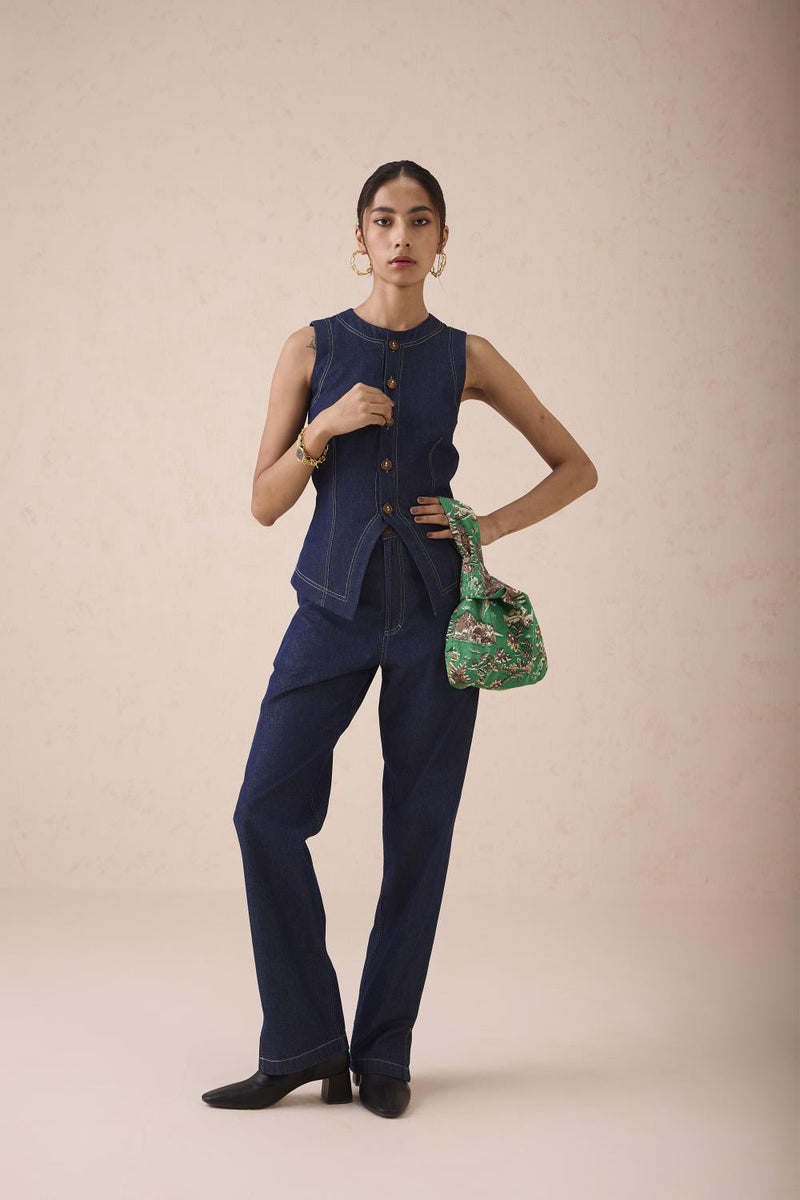 The Daydream Denim Waistcoat cotton by SUI in blue color for women Worldwide