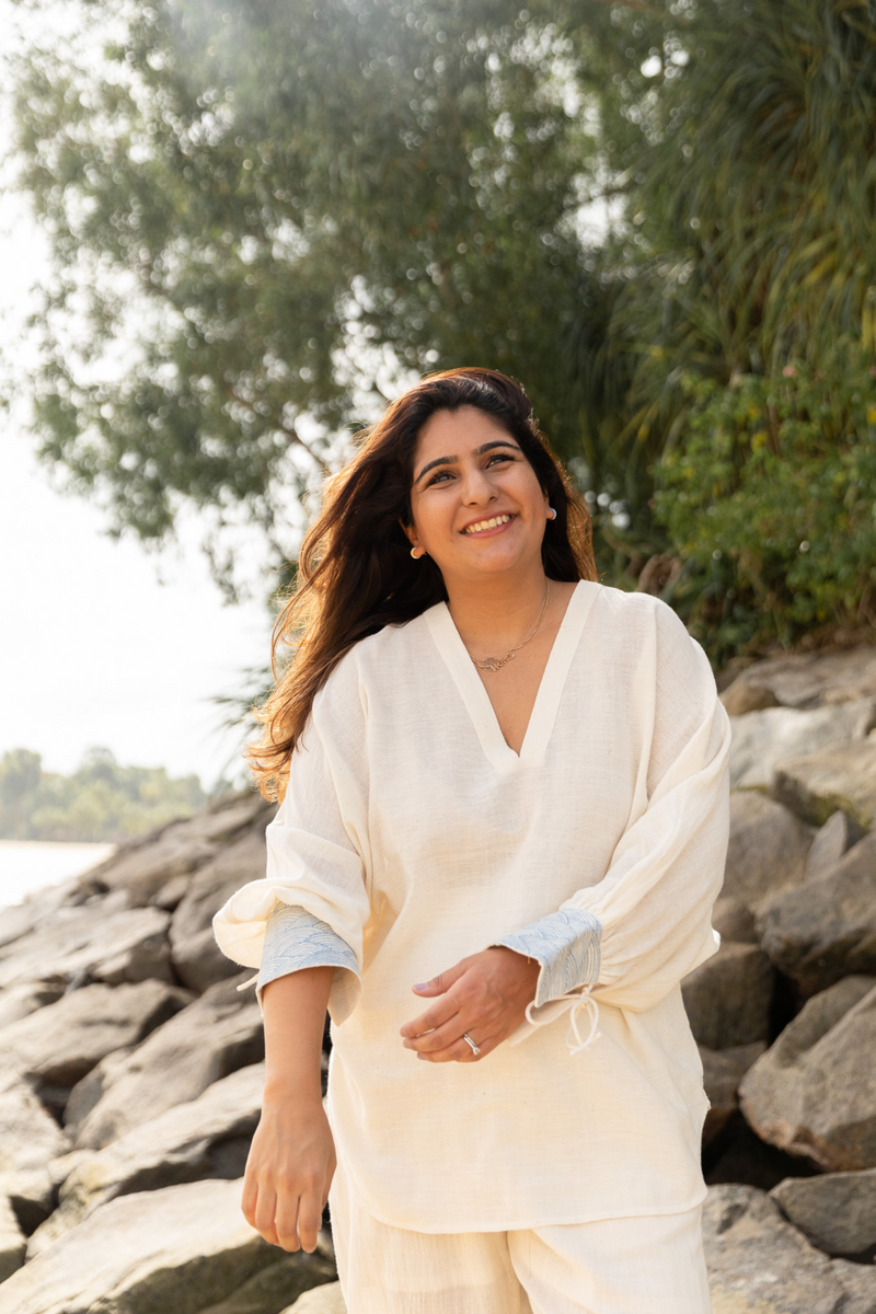 The everyday wavy handwoven organic cotton blouse cotton Tops and Shirts by SUI in white color for women Worldwide
