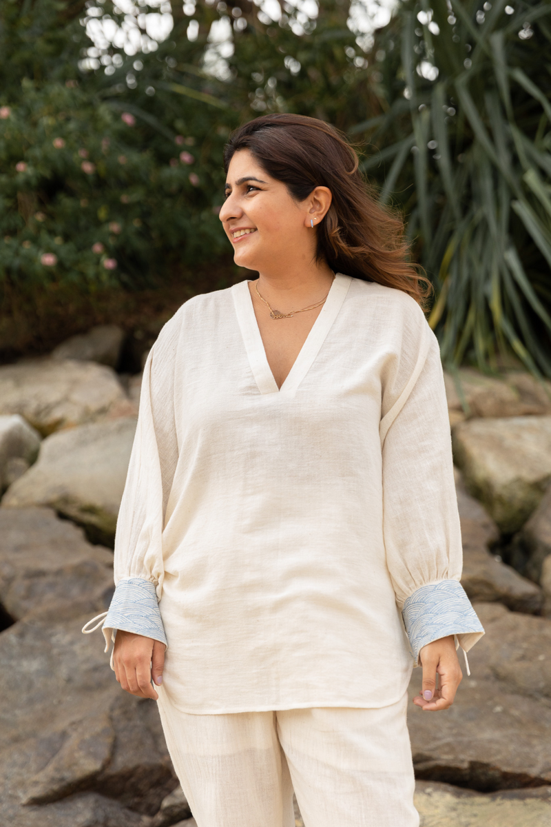 The everyday wavy handwoven organic cotton blouse cotton Tops and Shirts by SUI in white color for women Worldwide