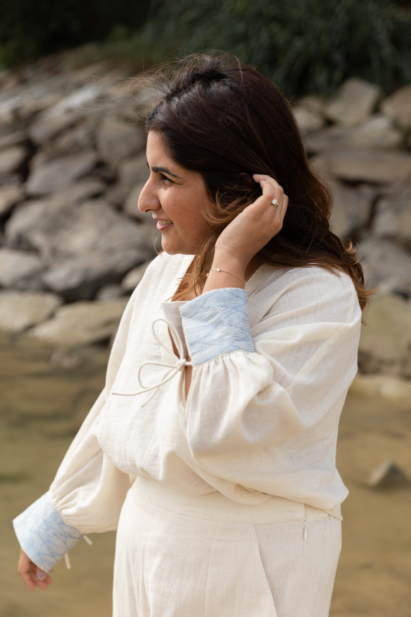 The everyday wavy handwoven organic cotton blouse cotton Tops and Shirts by SUI in white color for women Worldwide