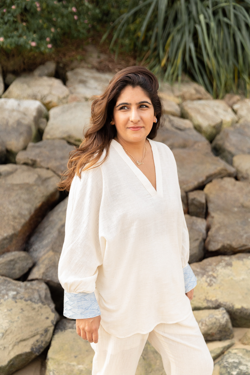 The everyday wavy handwoven organic cotton blouse cotton Tops and Shirts by SUI in white color for women Worldwide