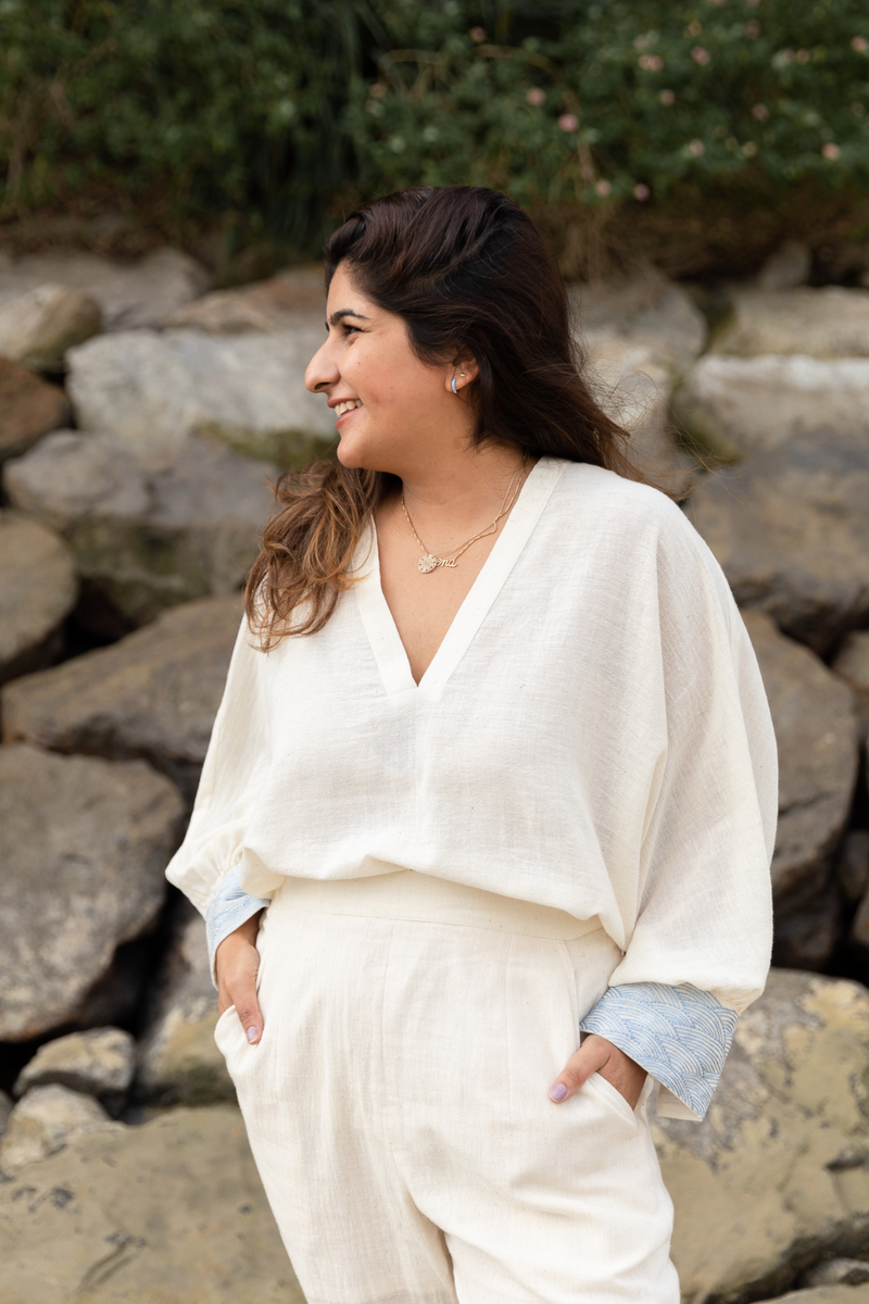 The everyday wavy handwoven organic cotton blouse cotton Tops and Shirts by SUI in white color for women Worldwide