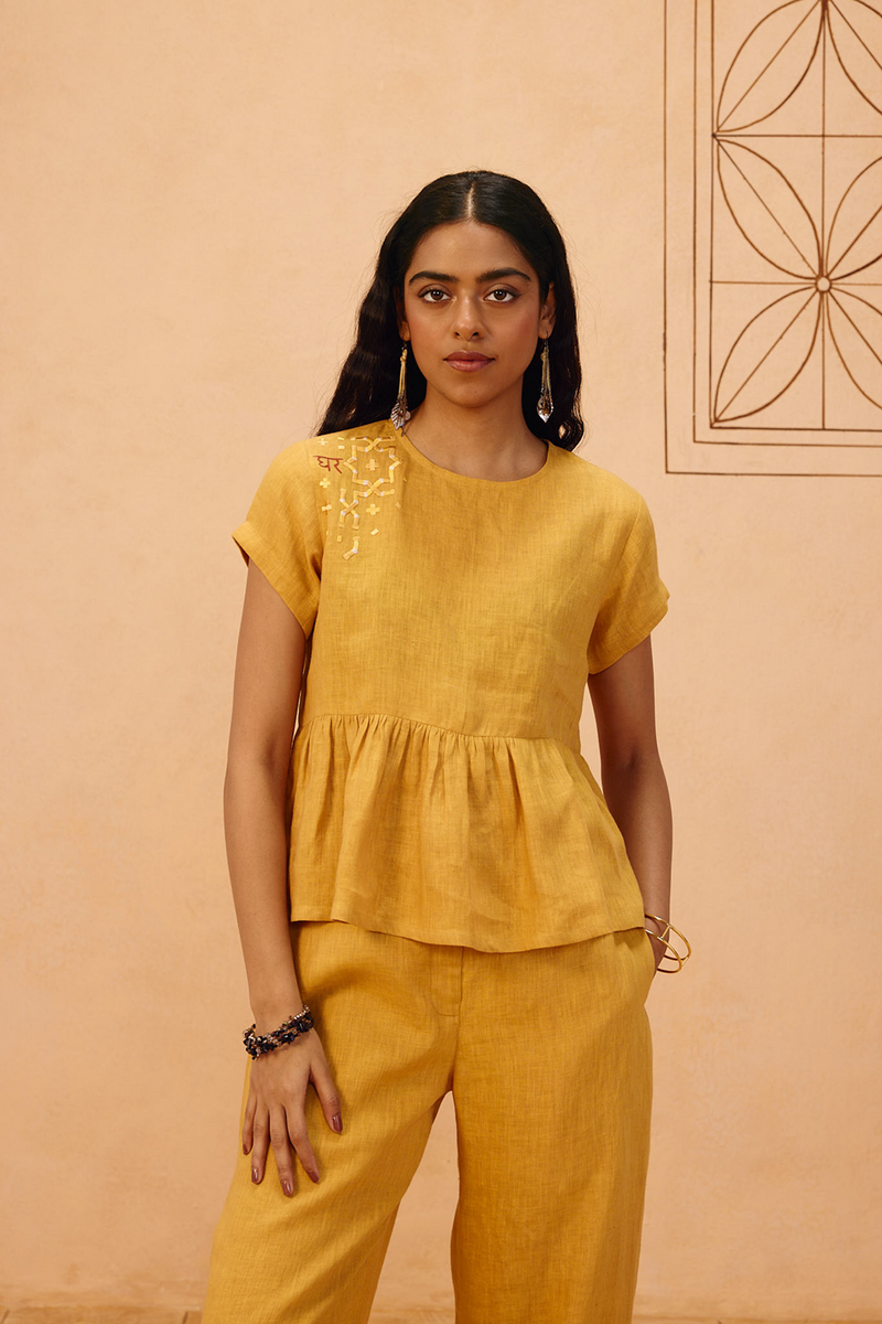 The Ghar Linen Peplum Top 100% linen top/shirt by SUI in mustard for women Worldwide