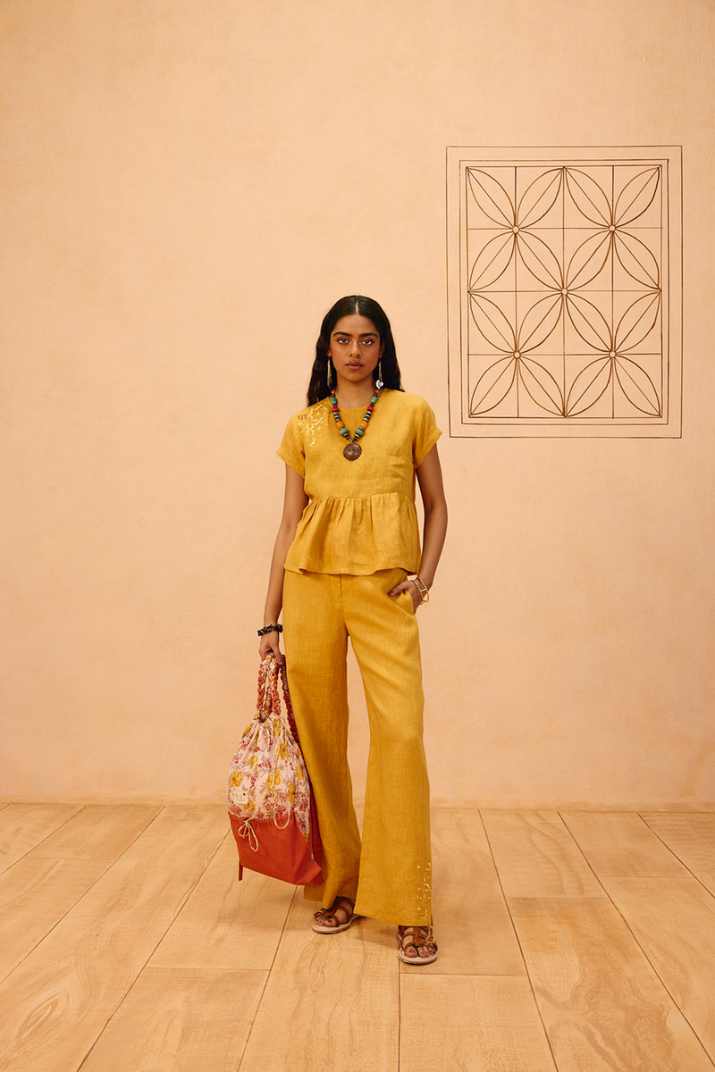 The Ghar Linen Peplum Top 100% linen top/shirt by SUI in mustard for women Worldwide