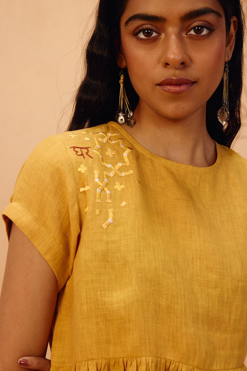 The Ghar Linen Peplum Top 100% linen top/shirt by SUI in mustard for women Worldwide