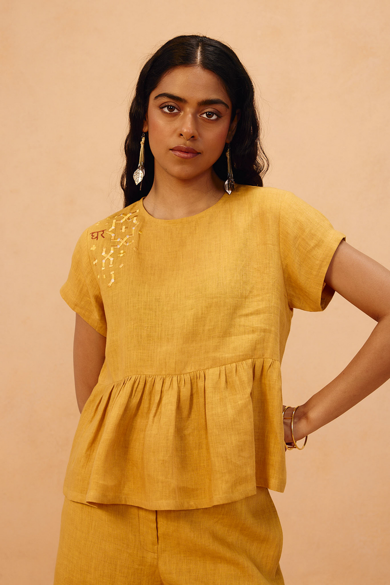 The Ghar Linen Peplum Top 100% linen top/shirt by SUI in mustard for women Worldwide