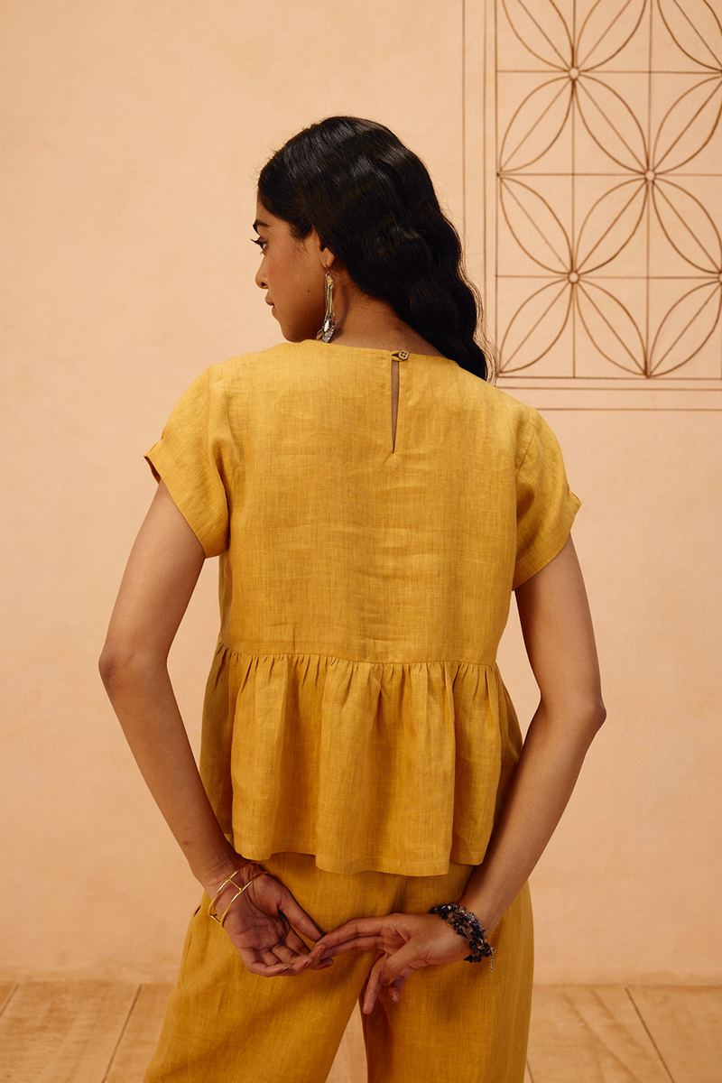 The Ghar Linen Peplum Top 100% linen top/shirt by SUI in mustard for women Worldwide