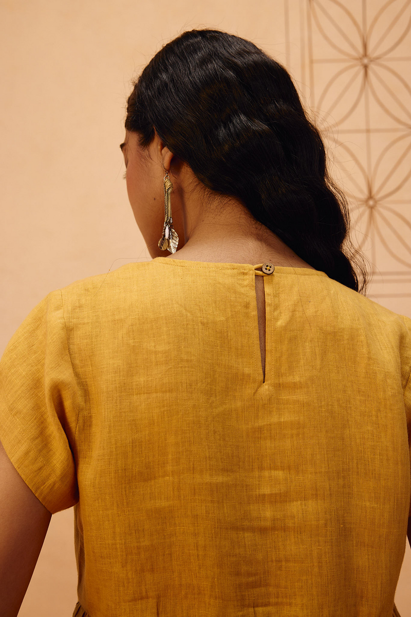 The Ghar Linen Peplum Top 100% linen top/shirt by SUI in mustard for women Worldwide