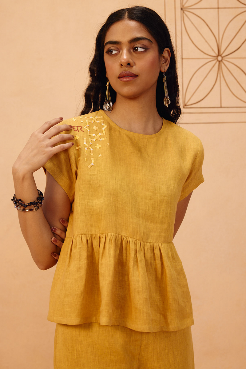 The Ghar Linen Peplum Top 100% linen top/shirt by SUI in mustard for women Worldwide