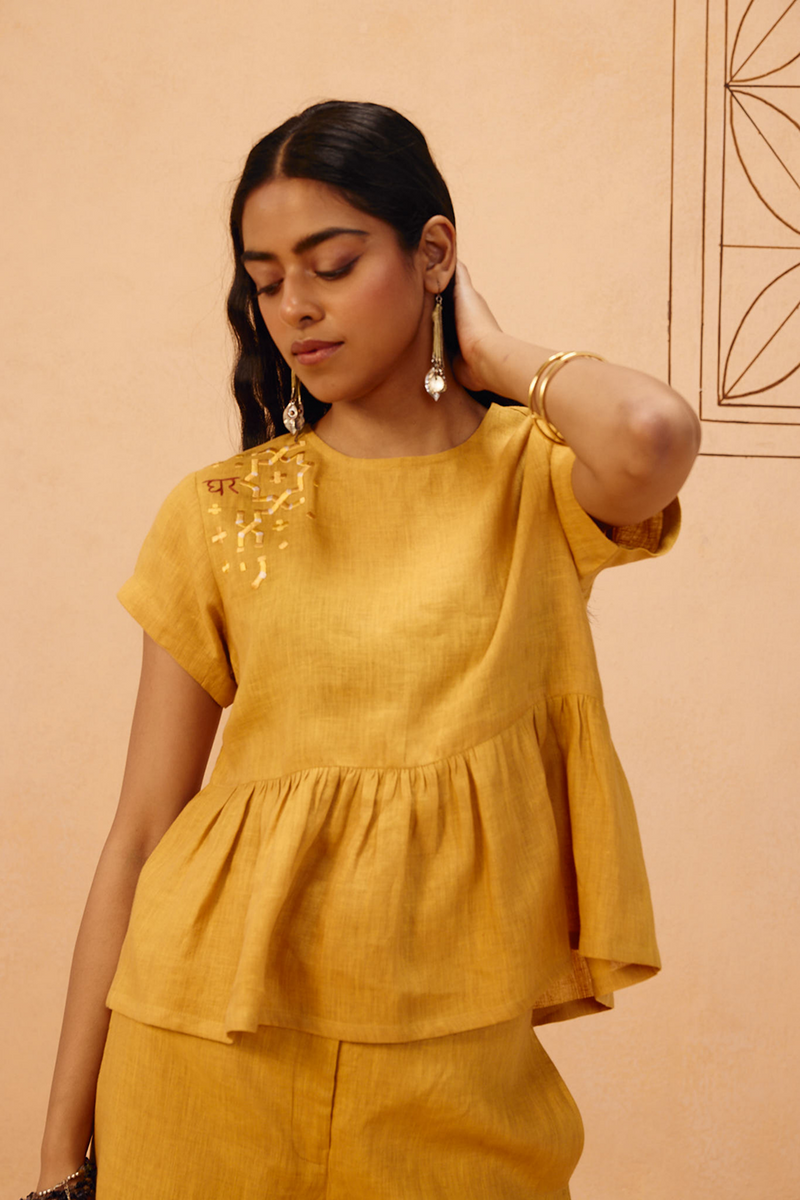 The Ghar Linen Peplum Top 100% linen top/shirt by SUI in mustard for women Worldwide