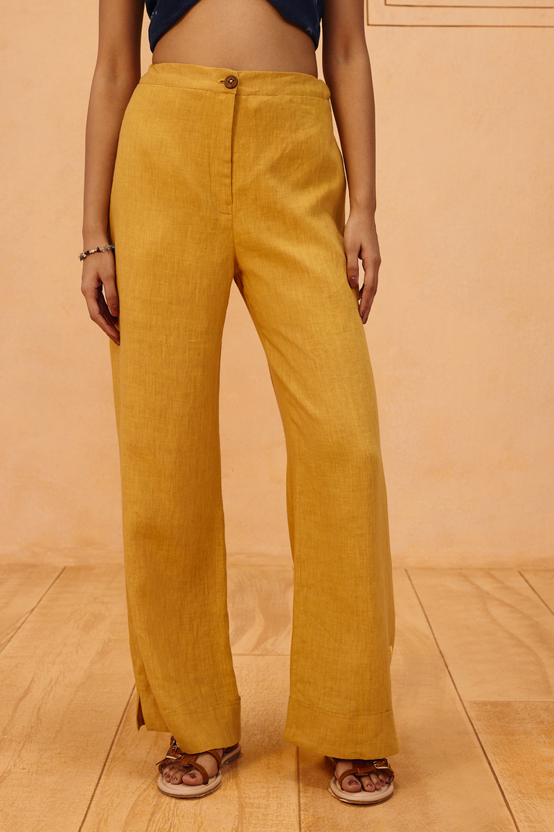 The Ghar Linen Trousers 100% linen pant/trouser by SUI in mustard for women Worldwide