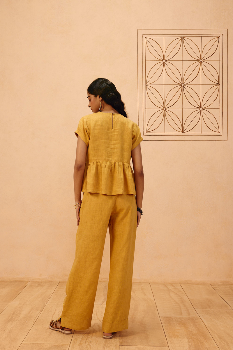 The Ghar Linen Trousers 100% linen pant/trouser by SUI in mustard for women Worldwide