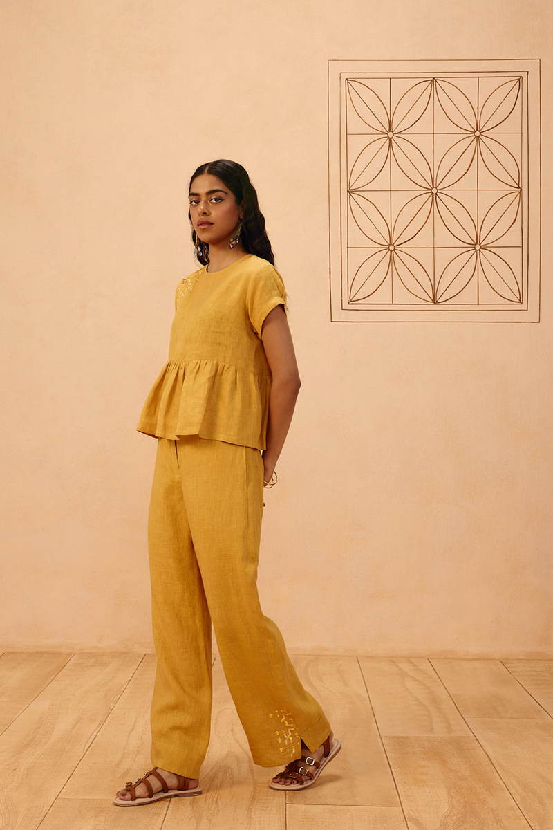 The Ghar Linen Trousers 100% linen pant/trouser by SUI in mustard for women Worldwide