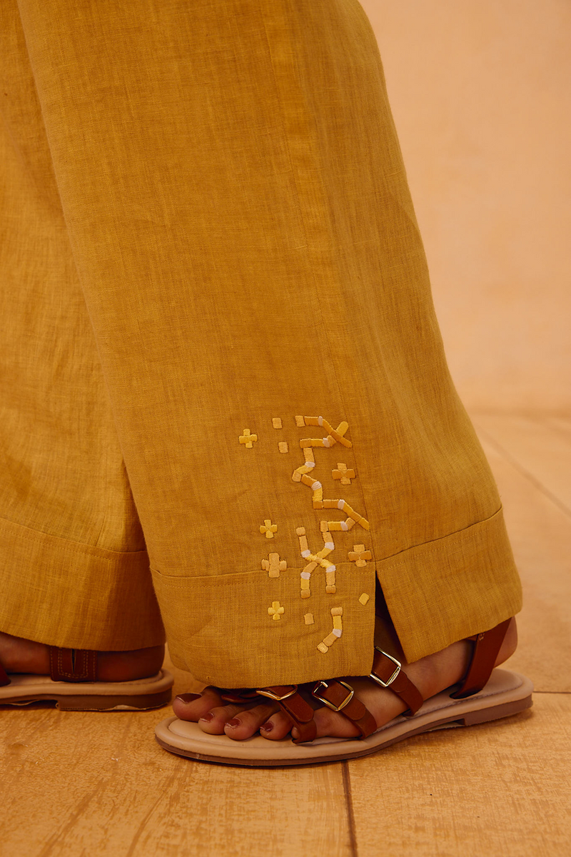 The Ghar Linen Trousers 100% linen pant/trouser by SUI in mustard for women Worldwide