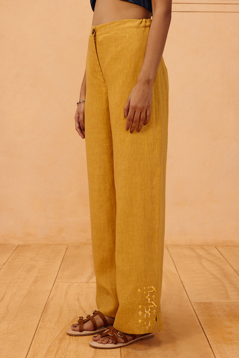 The Ghar Linen Trousers 100% linen pant/trouser by SUI in mustard for women Worldwide