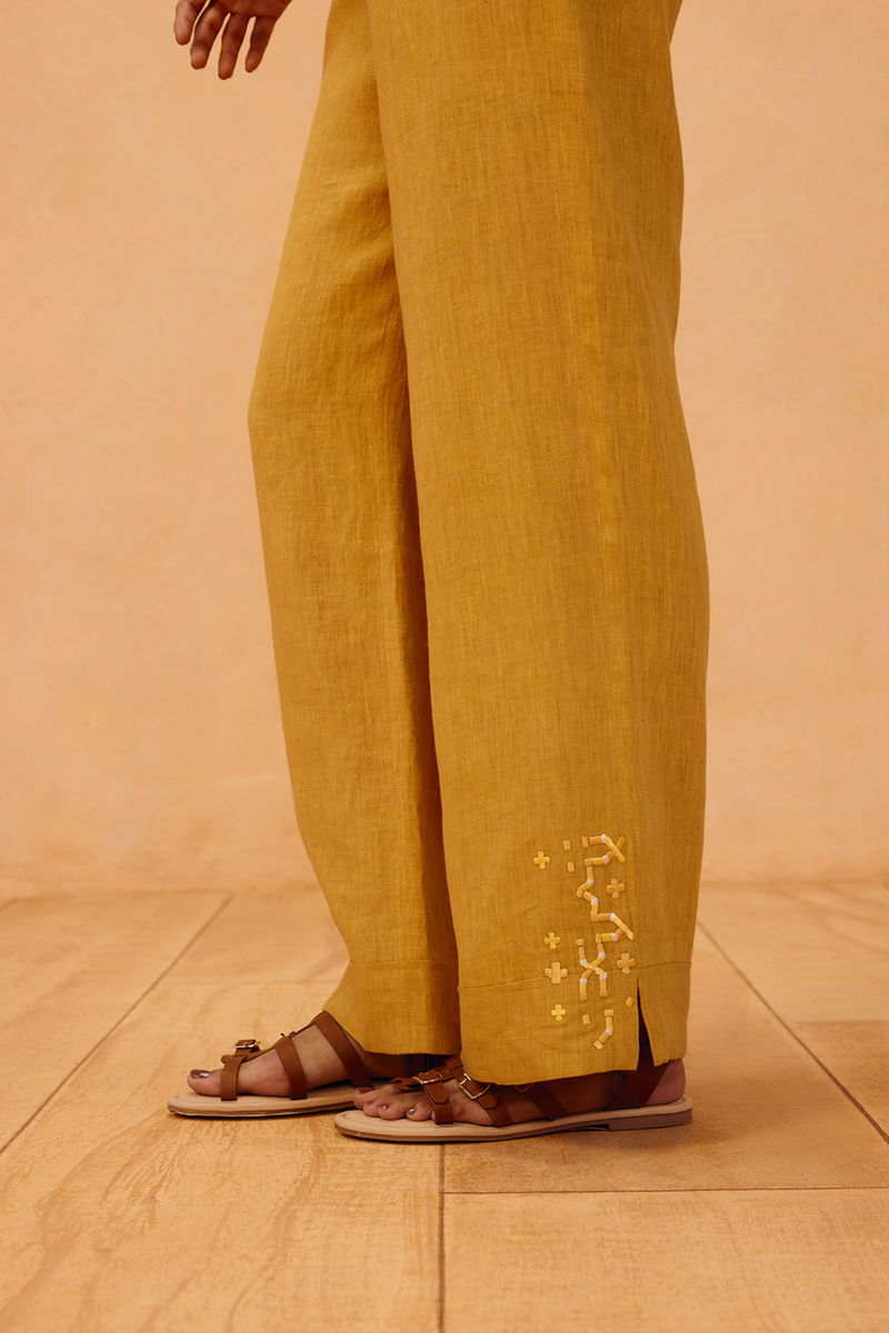 The Ghar Linen Trousers 100% linen pant/trouser by SUI in mustard for women Worldwide