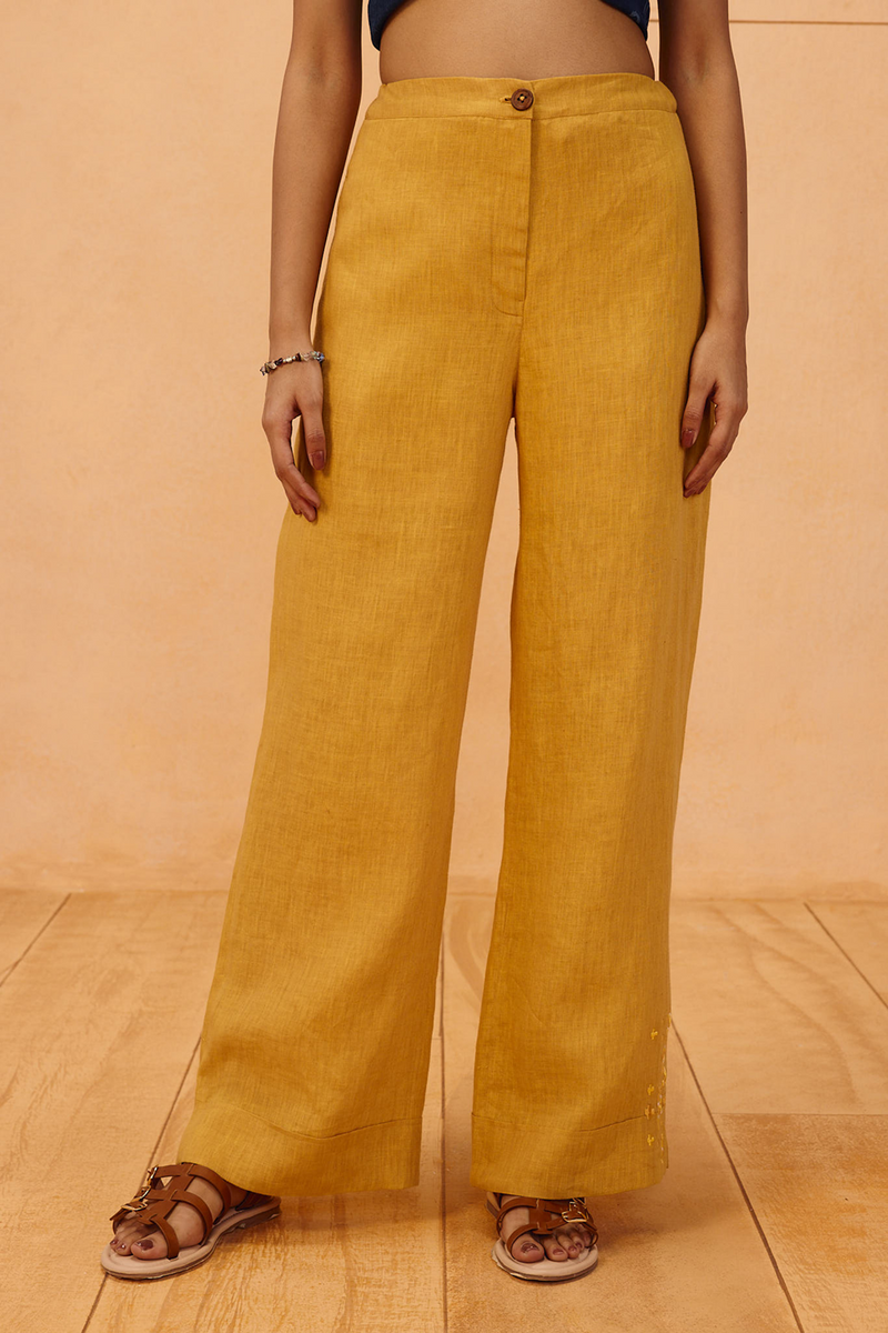 The Ghar Linen Trousers 100% linen pant/trouser by SUI in mustard for women Worldwide