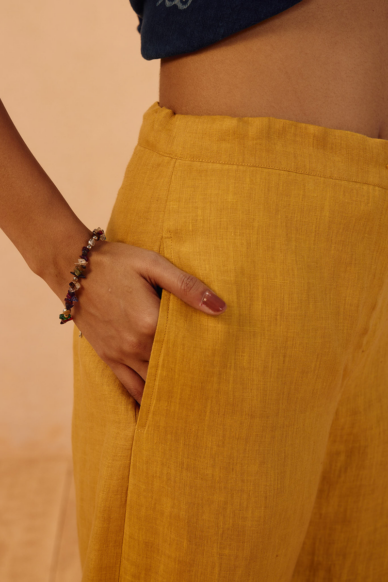 The Ghar Linen Trousers 100% linen pant/trouser by SUI in mustard for women Worldwide