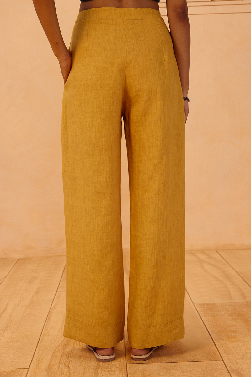 The Ghar Linen Trousers 100% linen pant/trouser by SUI in mustard for women Worldwide