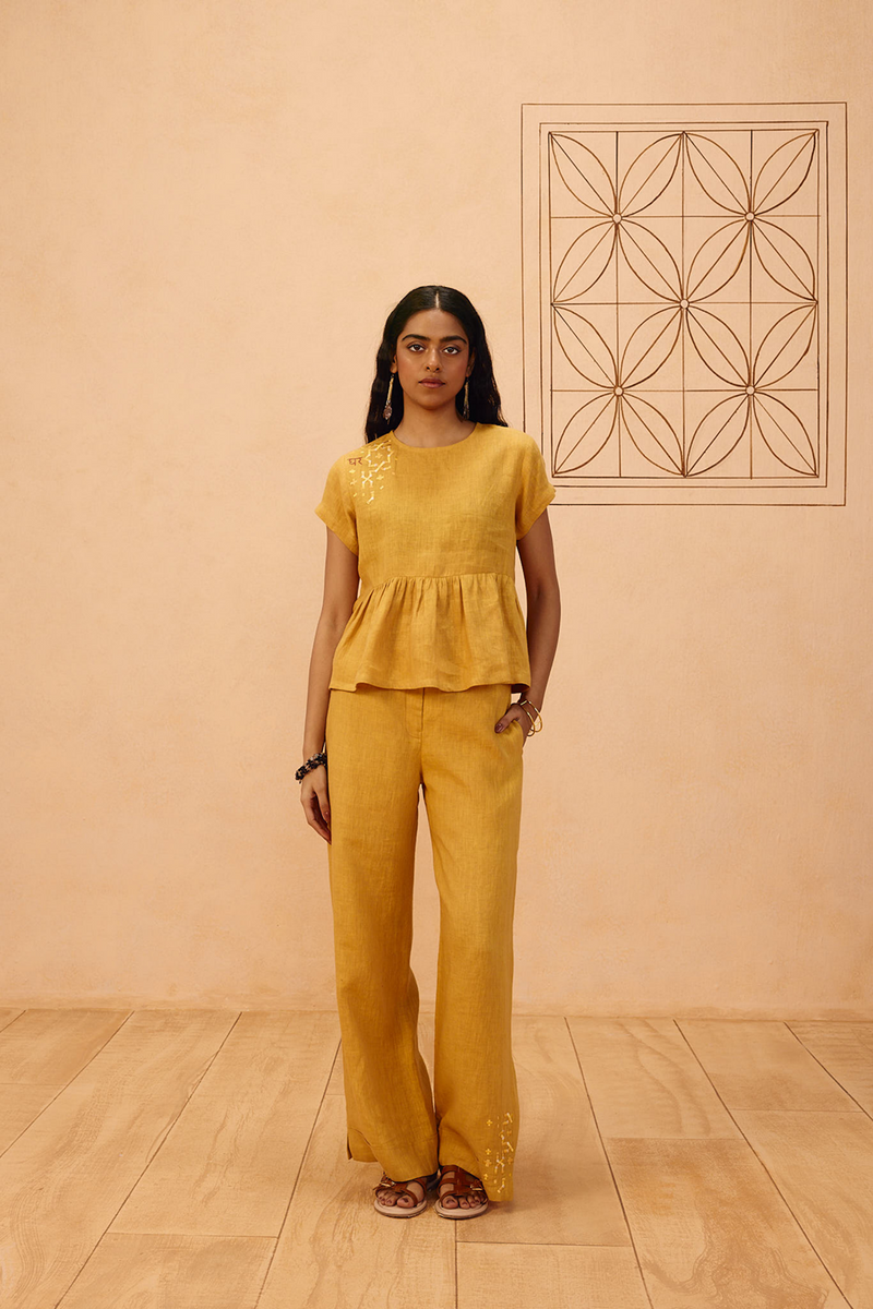 The Ghar Linen Trousers 100% linen pant/trouser by SUI in mustard for women Worldwide