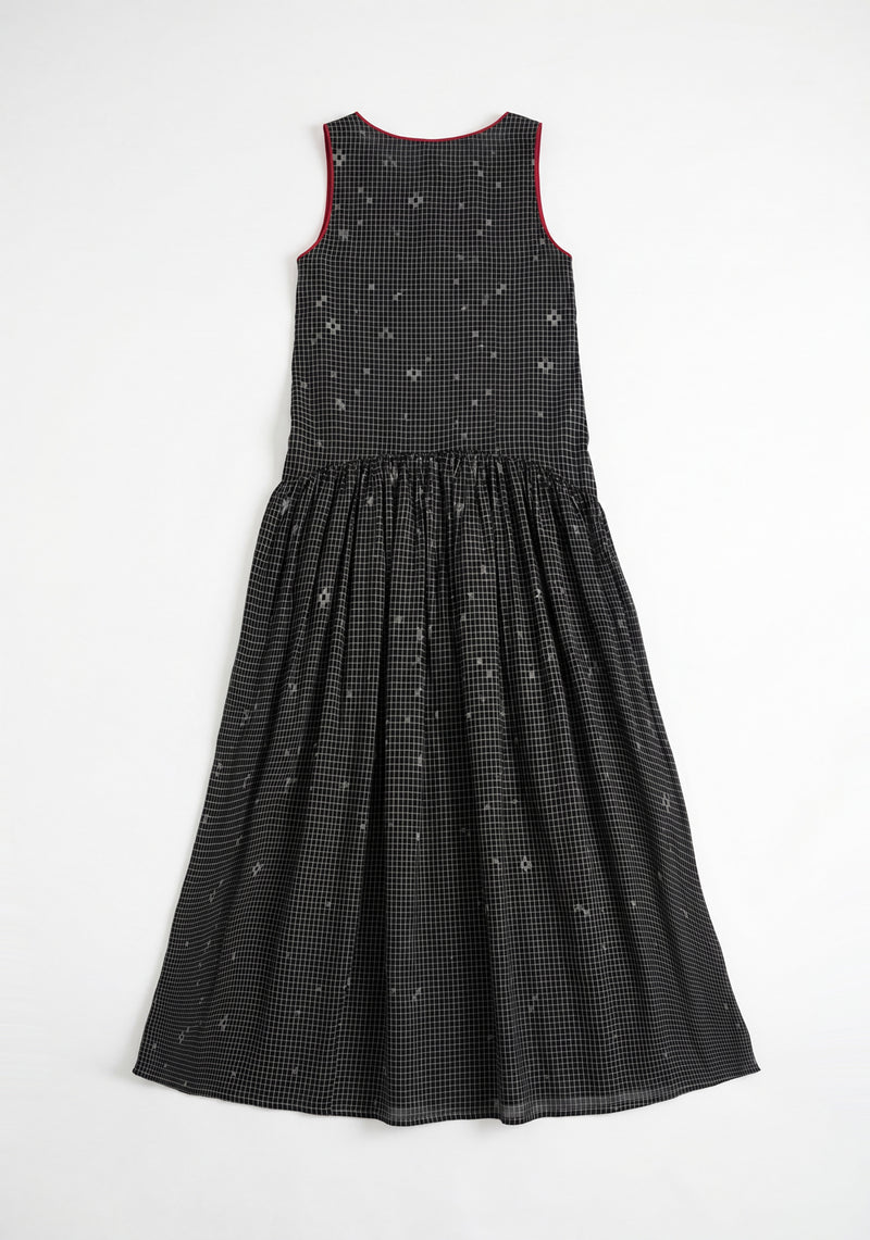 The Grid Wrap Dress-Black cotton jamdani dress by World of Crow in black for women Worldwide