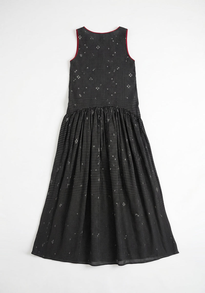 The Grid Wrap Dress-Black cotton jamdani dress by World of Crow in black for women Worldwide