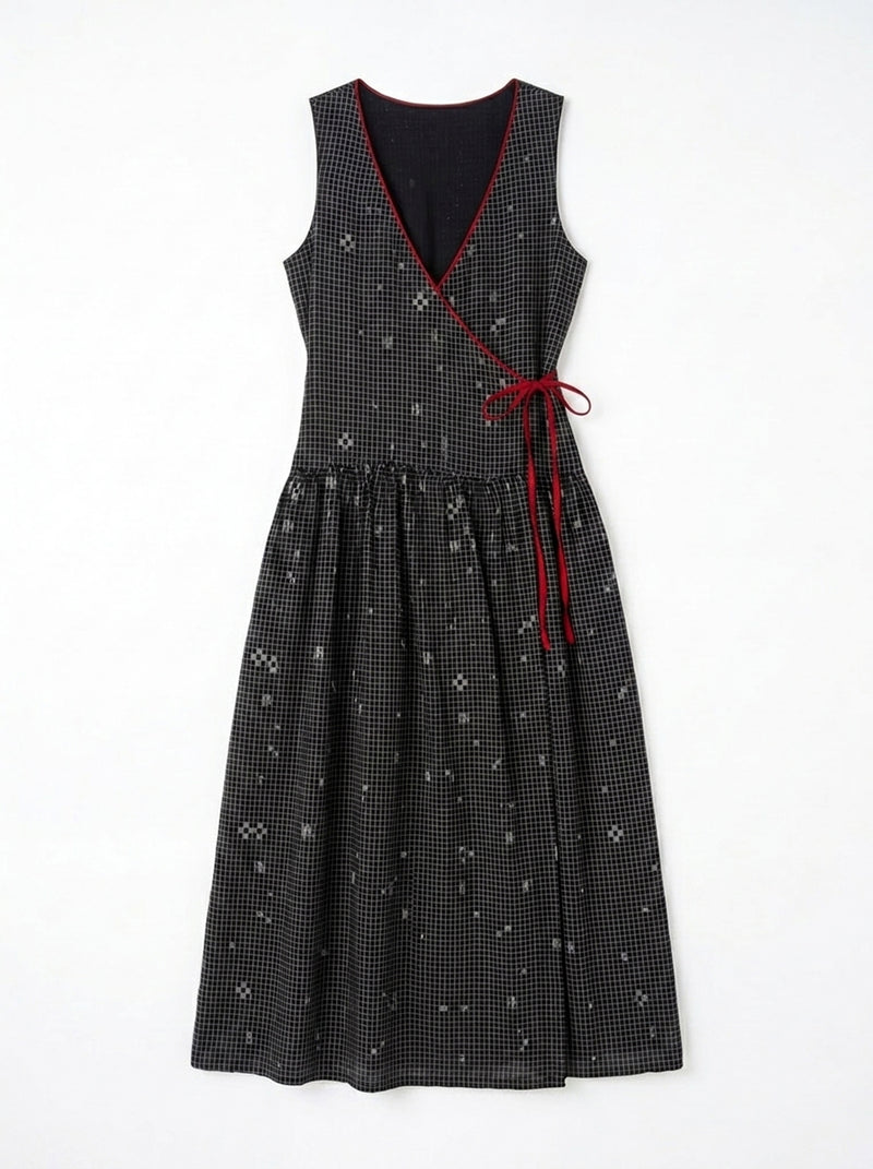 The Grid Wrap Dress-Black cotton jamdani dress by World of Crow in black for women Worldwide