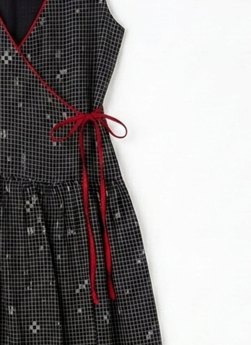 The Grid Wrap Dress-Black cotton jamdani dress by World of Crow in black for women Worldwide