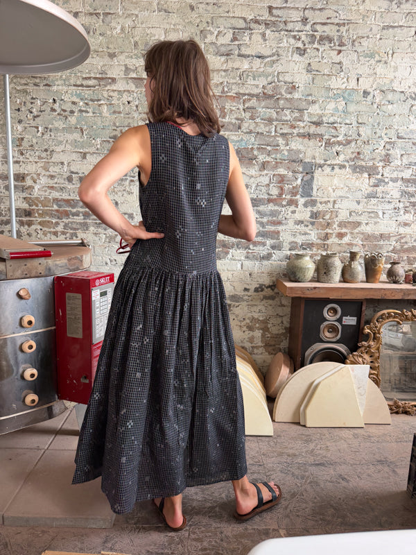 The Grid Wrap Dress-Black cotton jamdani dress by World of Crow in black for women Worldwide