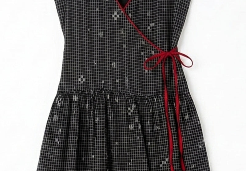 The Grid Wrap Dress-Black cotton jamdani dress by World of Crow in black for women Worldwide