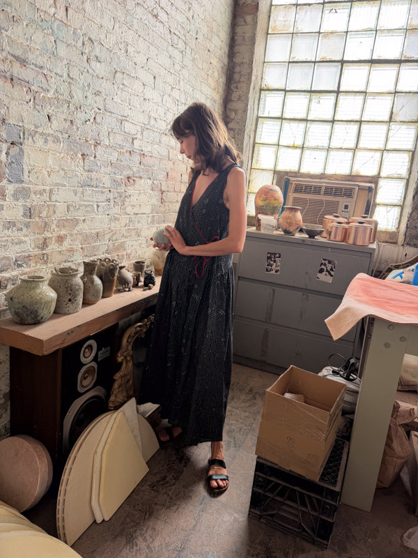 The Grid Wrap Dress-Black cotton jamdani dress by World of Crow in black for women Worldwide