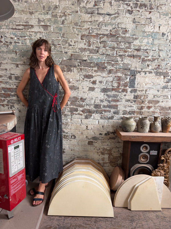 The Grid Wrap Dress-Black cotton jamdani dress by World of Crow in black for women Worldwide