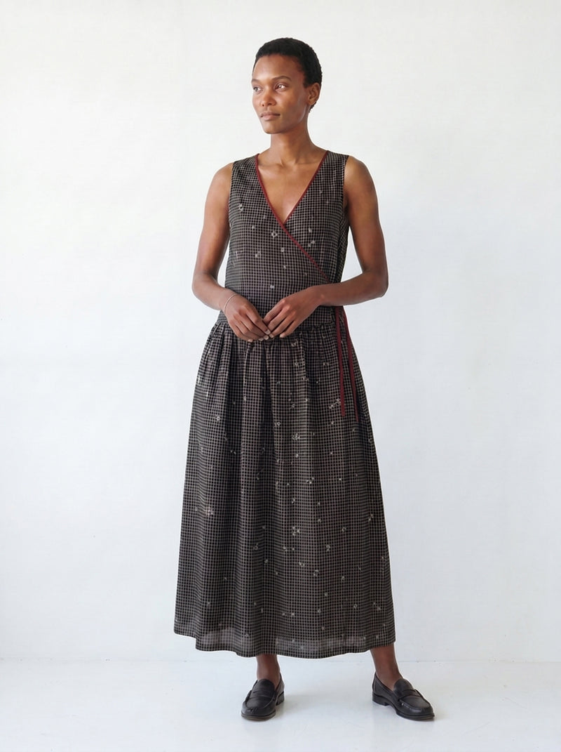 The Grid Wrap Dress-Black cotton jamdani dress by World of Crow in black for women Worldwide