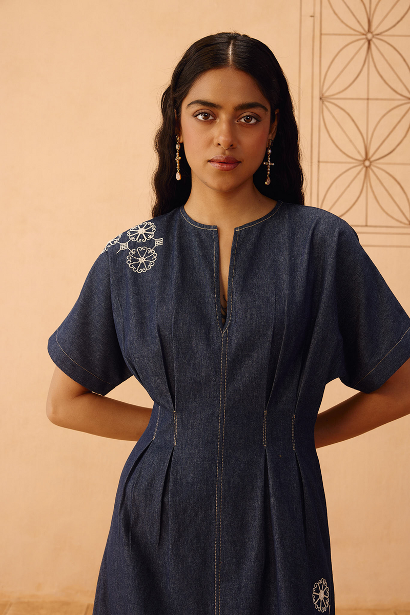 The Harmony Sustainable Denim Dress denim dress by SUI in blue for women Worldwide