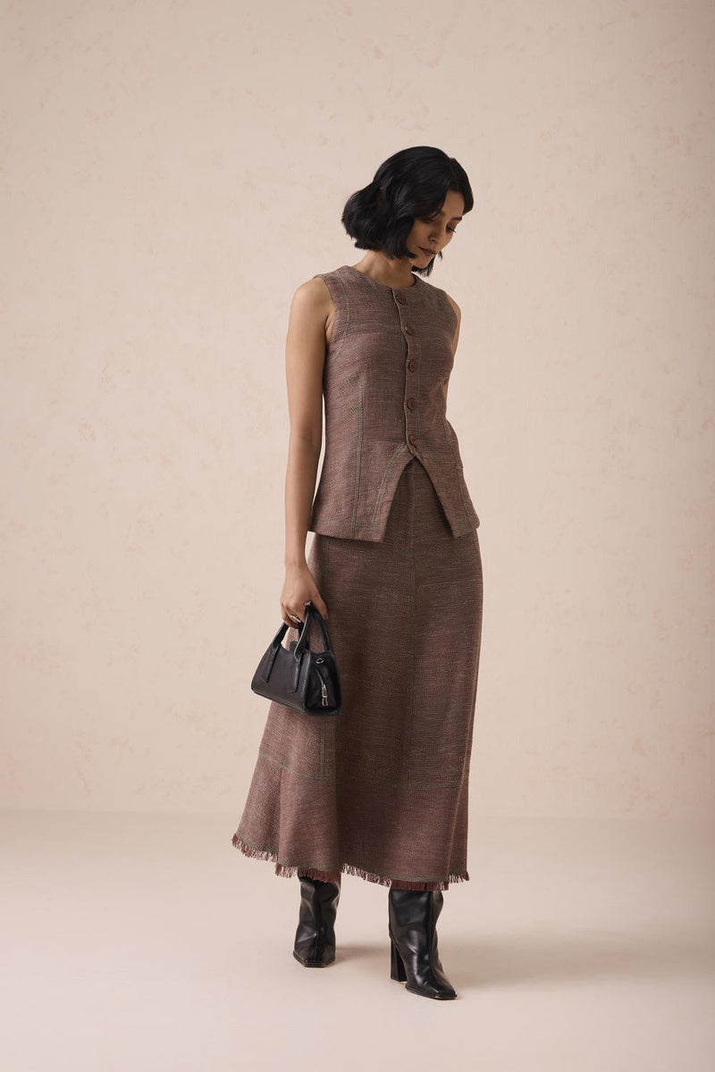 The Hazel Sun Handspun Handwoven Organic Cotton Midi Skirt cotton by SUI in brown color for women Worldwide