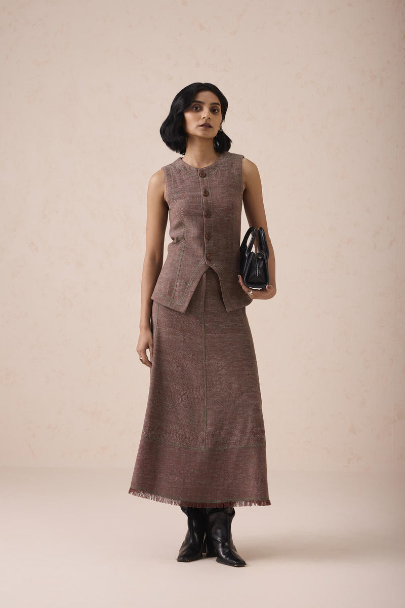The Hazel Sun Handspun Handwoven Organic Cotton Midi Skirt cotton by SUI in brown color for women Worldwide