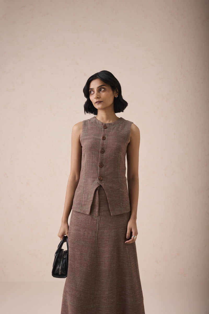 The Hazel Sun Handspun Handwoven Organic Cotton Midi Skirt cotton by SUI in brown color for women Worldwide