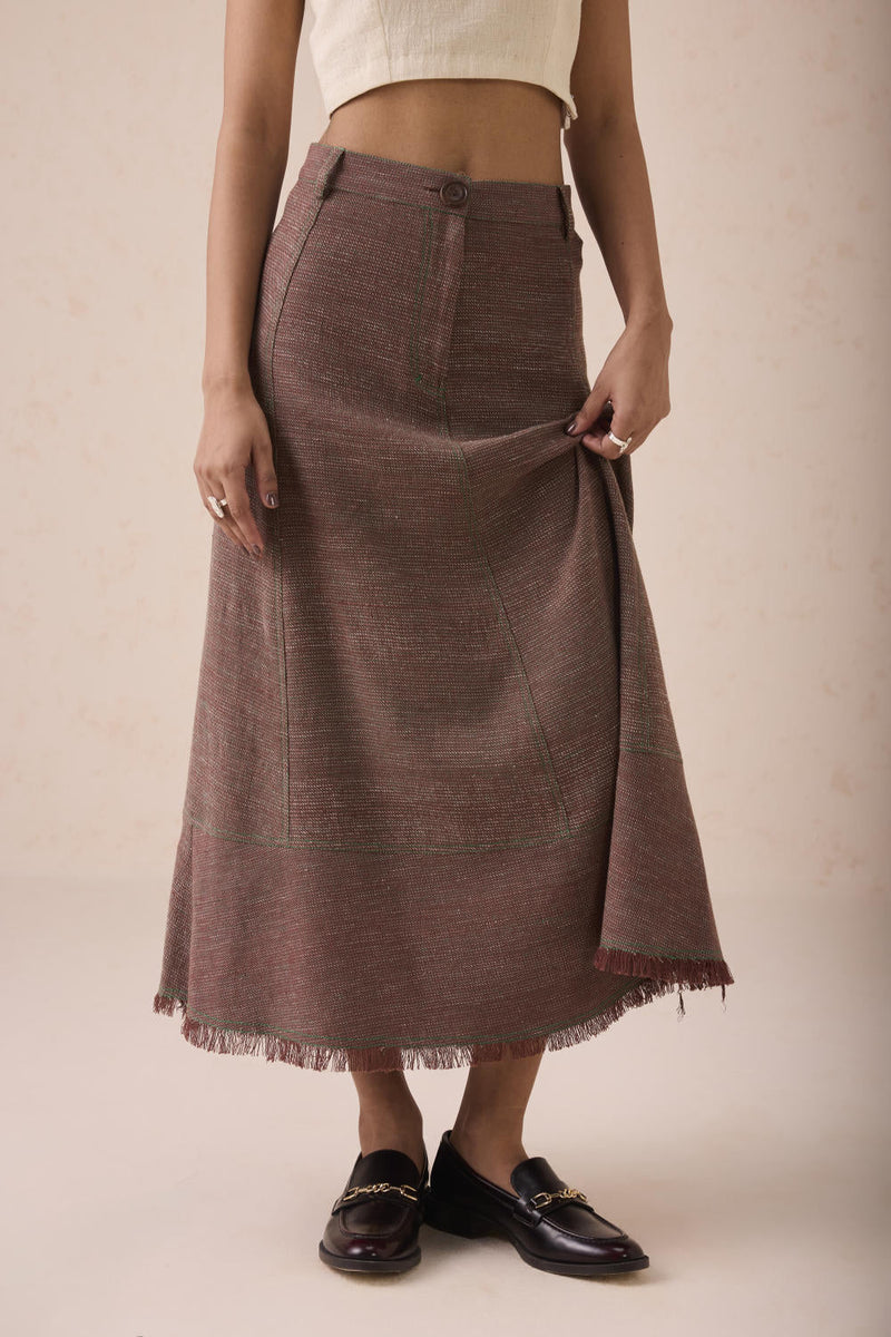 The Hazel Sun Handspun Handwoven Organic Cotton Midi Skirt cotton by SUI in brown color for women Worldwide