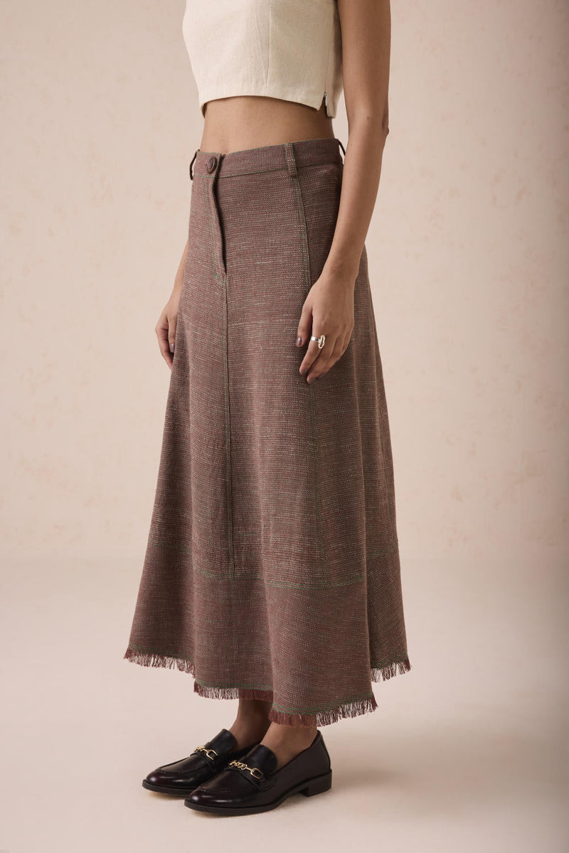 The Hazel Sun Handspun Handwoven Organic Cotton Midi Skirt cotton by SUI in brown color for women Worldwide
