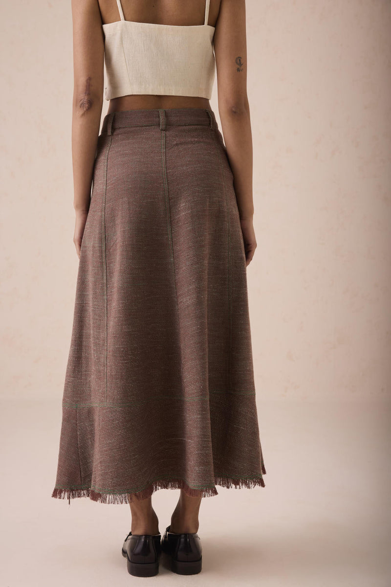 The Hazel Sun Handspun Handwoven Organic Cotton Midi Skirt cotton by SUI in brown color for women Worldwide