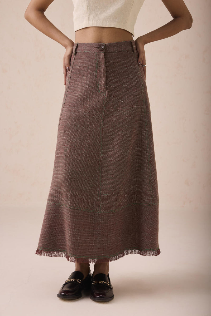 The Hazel Sun Handspun Handwoven Organic Cotton Midi Skirt cotton by SUI in brown color for women Worldwide
