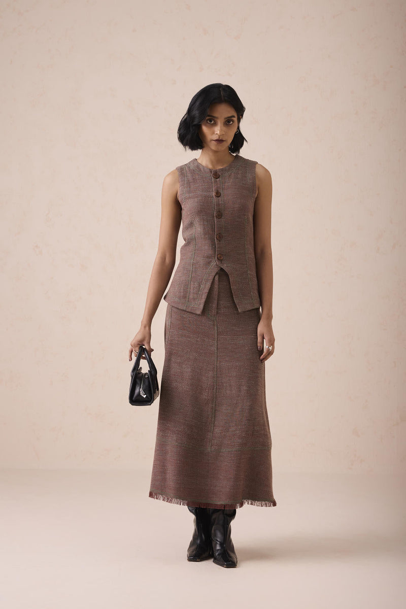 The Hazel Sun Handspun Handwoven Organic Cotton Midi Skirt cotton by SUI in brown color for women Worldwide