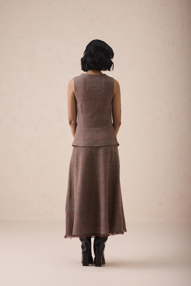 The Hazel Sun Handspun Handwoven Organic Cotton Midi Skirt cotton by SUI in brown color for women Worldwide