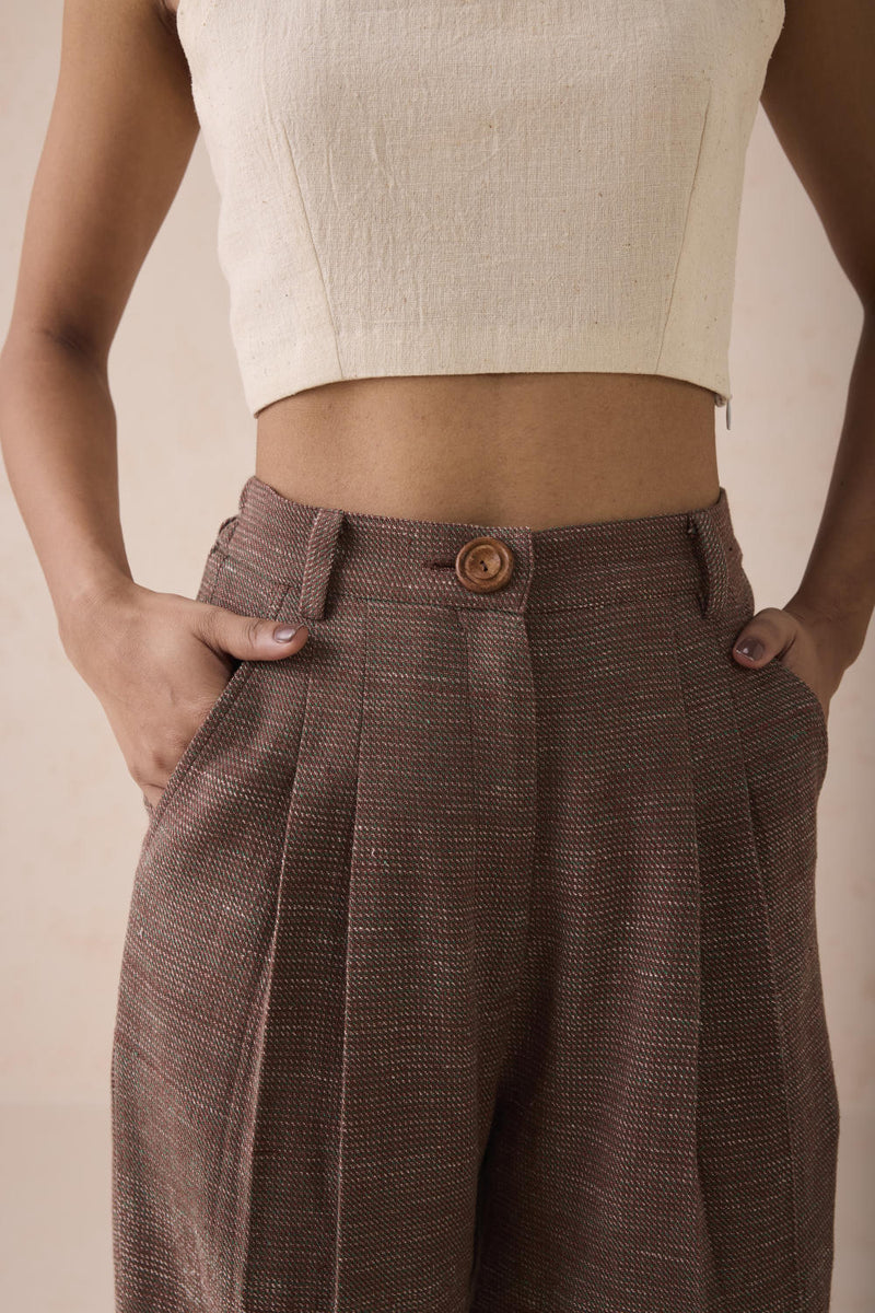 The Hazel Sun Handspun Handwoven Organic Cotton Trousers cotton by SUI in brown color for women Worldwide