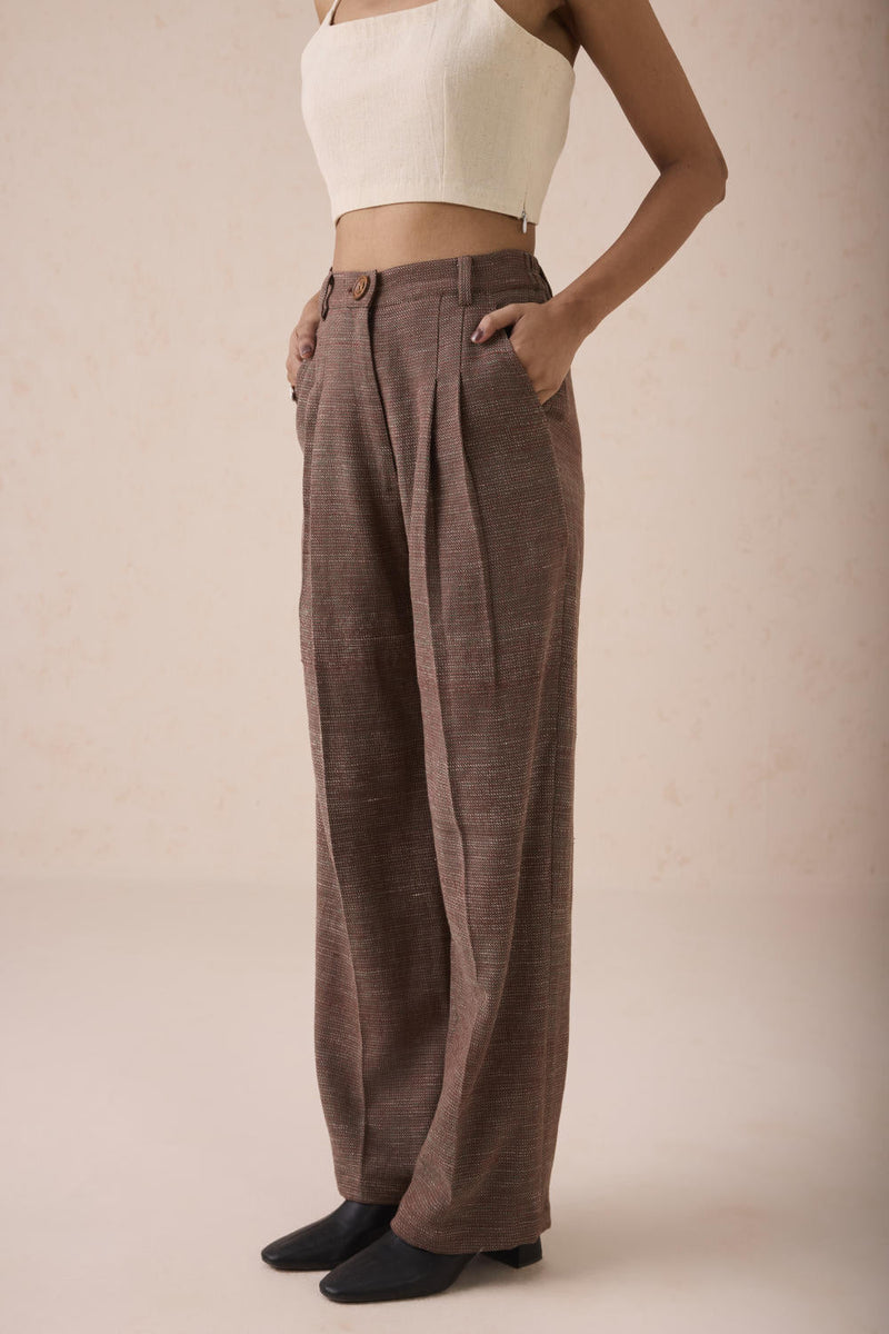 The Hazel Sun Handspun Handwoven Organic Cotton Trousers cotton by SUI in brown color for women Worldwide