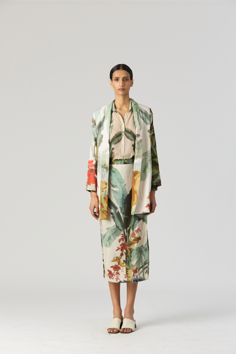 THE HUNT BLAZER & SKIRT SET silk by Yam in green color for women Worldwide