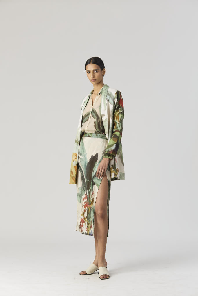 THE HUNT BLAZER & SKIRT SET silk by Yam in green color for women Worldwide