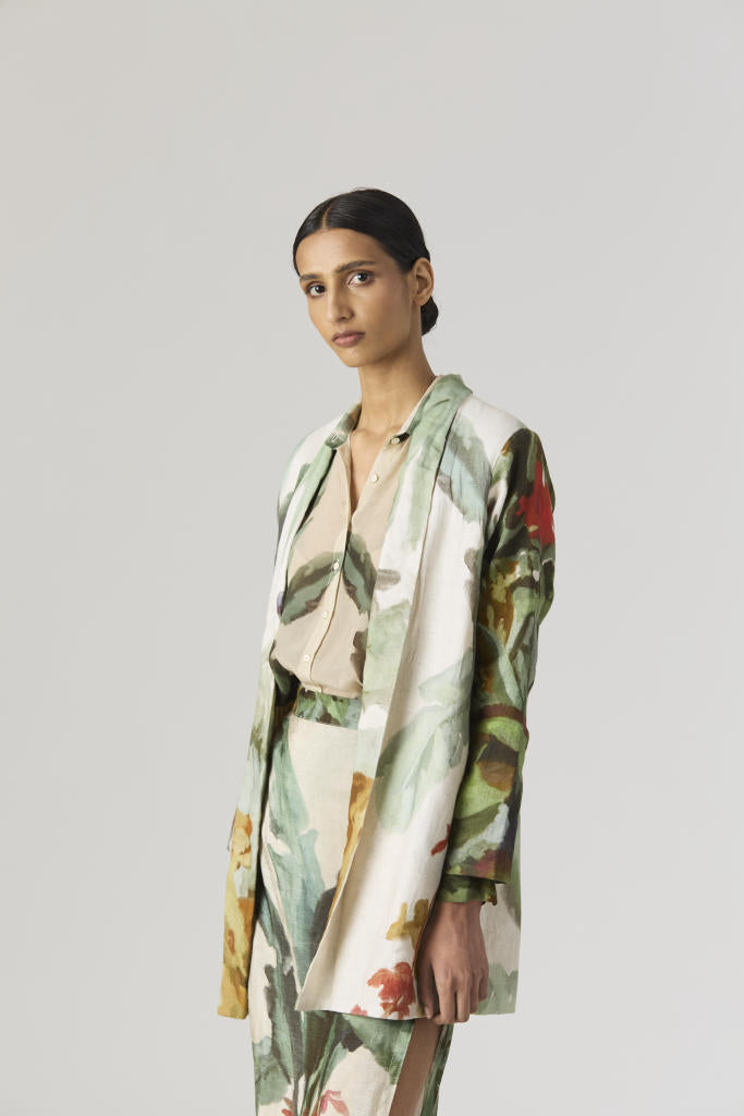 THE HUNT BLAZER & SKIRT SET silk by Yam in green color for women Worldwide